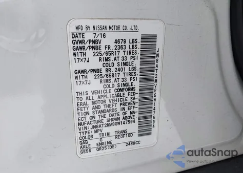 2016 Nissan Rogue Sv из США, поврежденный, VIN JN8AT2MV8GW147594